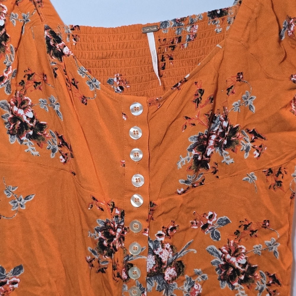 Free People Orange Floral Close To You Y2K Babydoll Short Sleeve Peaseant Top M - Picture 3 of 10